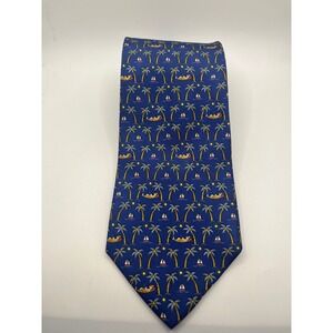 Salvatore Ferragamo Silk Necktie Blue Palm Trees Sailing Yacht Made‎ Italy